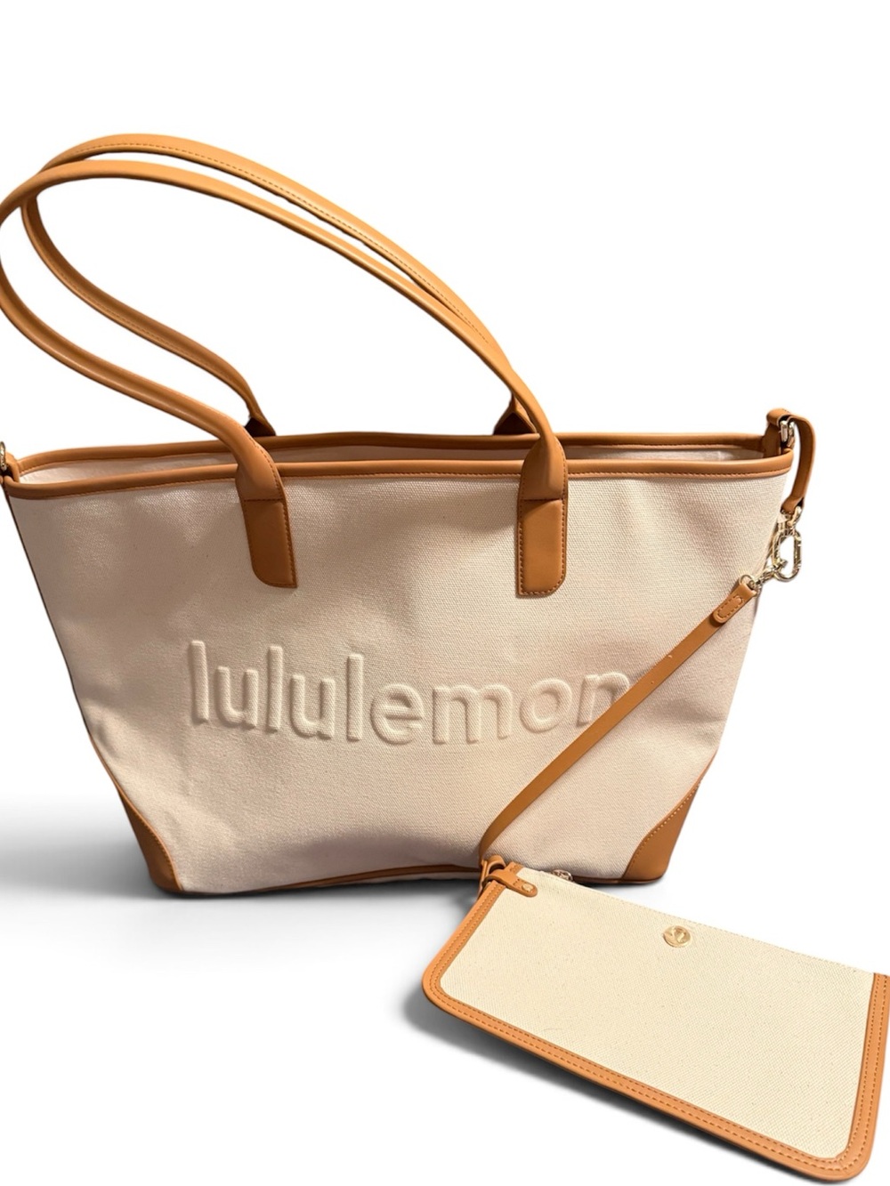 Lululemon Natural Canvas Tote With Chestnut Brown accents and detachable pouch
